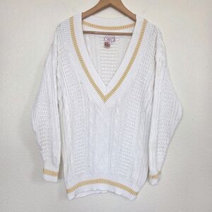 Vintage Pronto Moda V-neck Preppy Cableknit  Sweater Med Cream Gold Trim Tennis